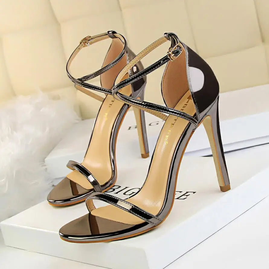 BIGTREE Shoes Pumps Open Toe High Heels Patent Leather Women Heels Stiletto 11 Cm Summer Heels Sandals Women Party Shoes