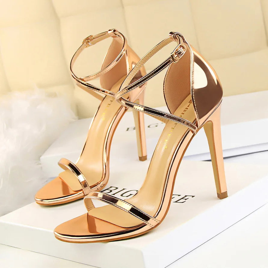 Patent-Finish Open-Toe Heels