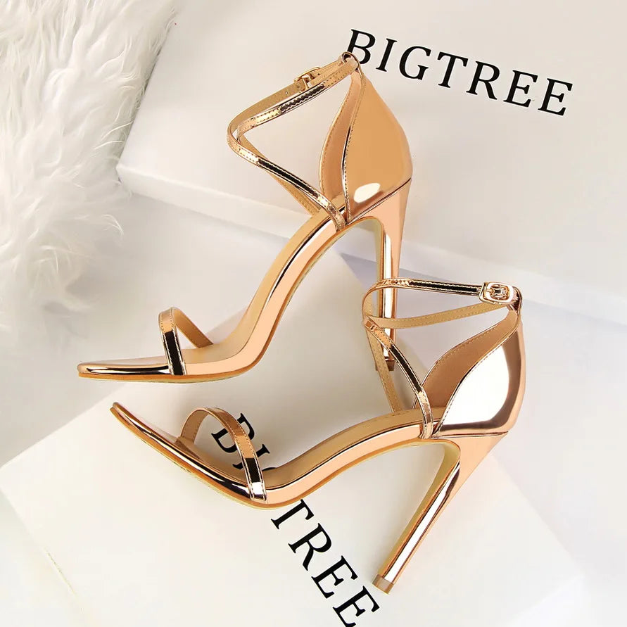 Patent-Finish Open-Toe Heels
