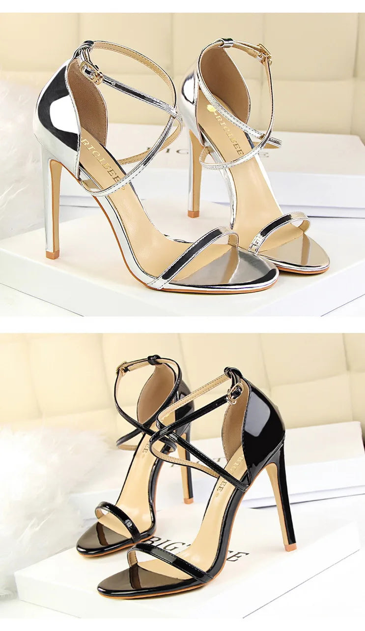 Patent-Finish Open-Toe Heels