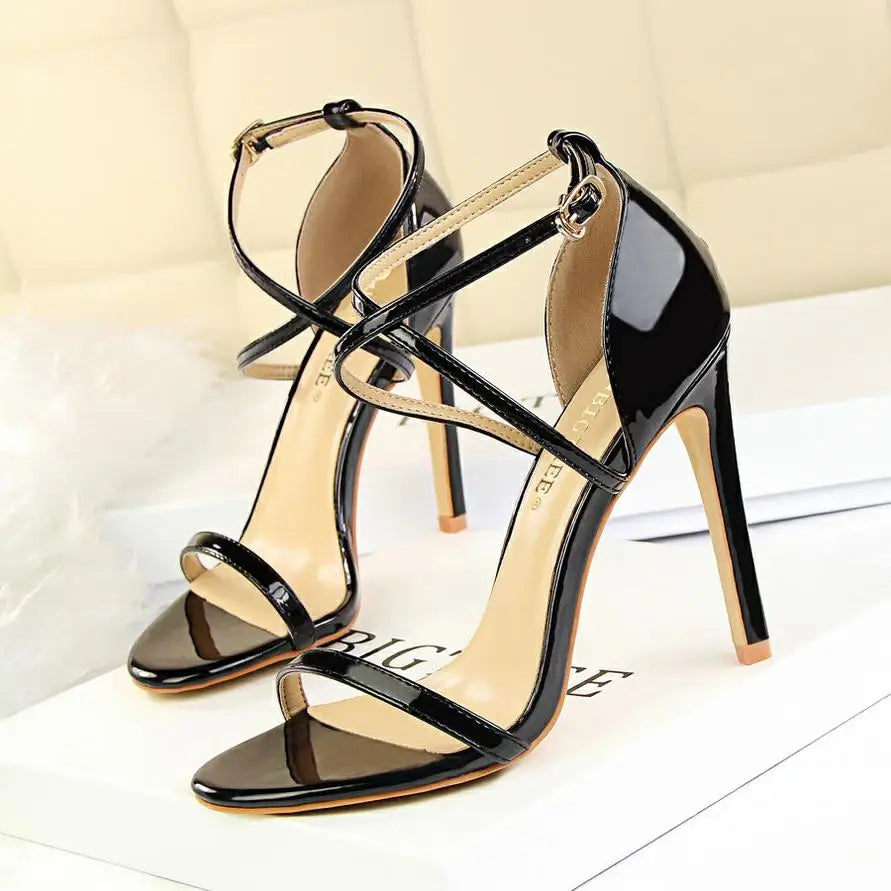 BIGTREE Shoes Pumps Open Toe High Heels Patent Leather Women Heels Stiletto 11 Cm Summer Heels Sandals Women Party Shoes